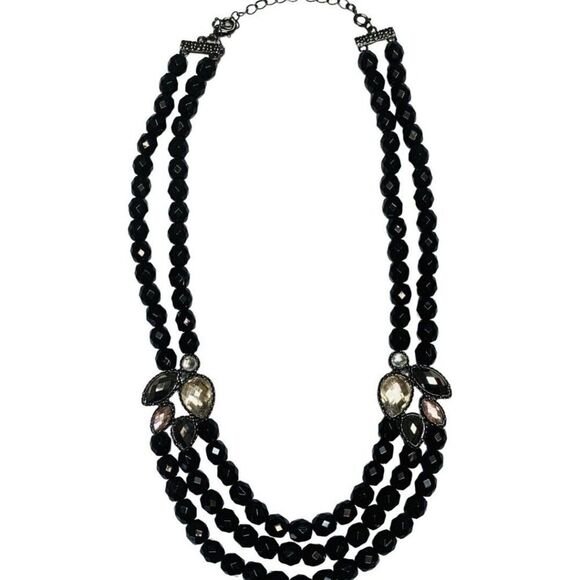 Vintage NRT Avon Black Faceted Rhinestone Beaded Collar Multi strand Necklace - Picture 2 of 8